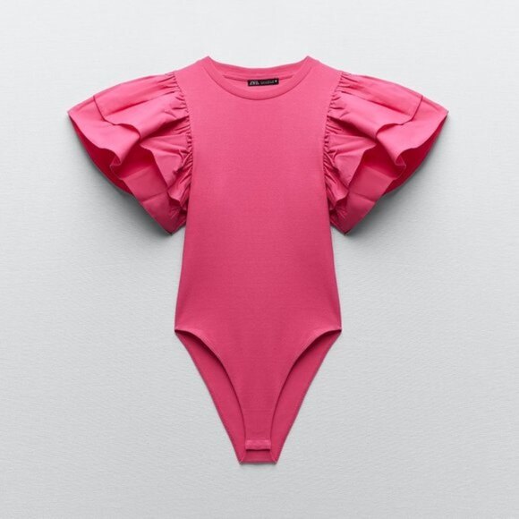 Pink ZARA Ruffle Sleeve Rib Knit Bodysuit Top (NWT) - Picture 6 of 8